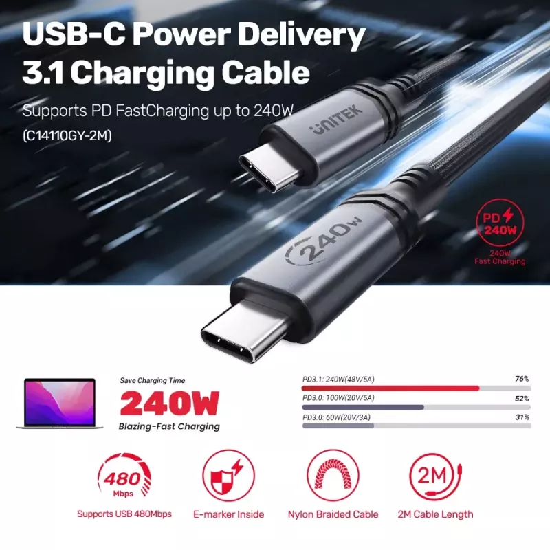 USB-C į USB-C laidas Unitek C14110GY-2M USB 3.2 Gen 1, 2 m, 5 A, 240 W, juodas