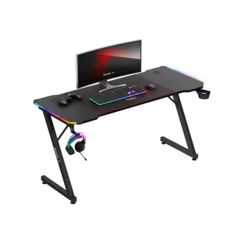 Žaidimų stalas huzaro Hero 3.3 RGB — juodas tiesus stalviršis 1400x600 mm, LED apšvietimas, puodelių laikiklis, ausinių kablys