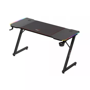 Žaidimų stalas huzaro Hero 3.3 RGB — juodas tiesus stalviršis 1400x600 mm, LED apšvietimas, puodelių laikiklis, ausinių kablys