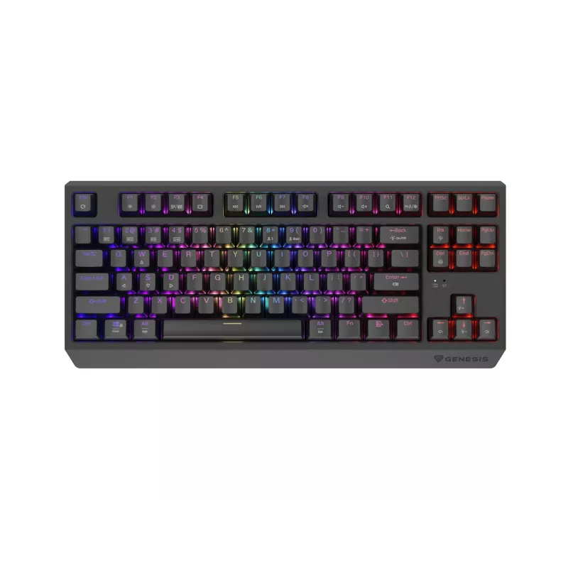 Mechaninė klaviatūra be skaičių bloko, skirta žaidimams, GENESIS Thor 230 TKL — USB, RF belaidis, Bluetooth, 87 klavišų QWERTY, pilka