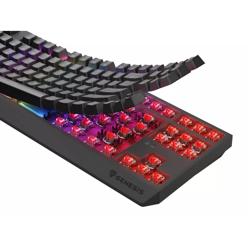 Mechaninė klaviatūra be skaičių bloko, skirta žaidimams, GENESIS Thor 230 TKL — USB, RF belaidis, Bluetooth, 87 klavišų QWERTY, pilka