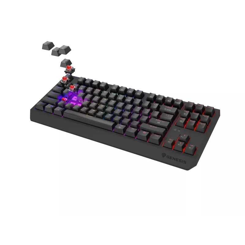 Mechaninė klaviatūra be skaičių bloko, skirta žaidimams, GENESIS Thor 230 TKL — USB, RF belaidis, Bluetooth, 87 klavišų QWERTY, pilka