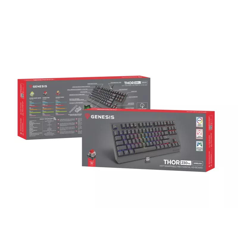 Mechaninė klaviatūra be skaičių bloko, skirta žaidimams, GENESIS Thor 230 TKL — USB, RF belaidis, Bluetooth, 87 klavišų QWERTY, pilka