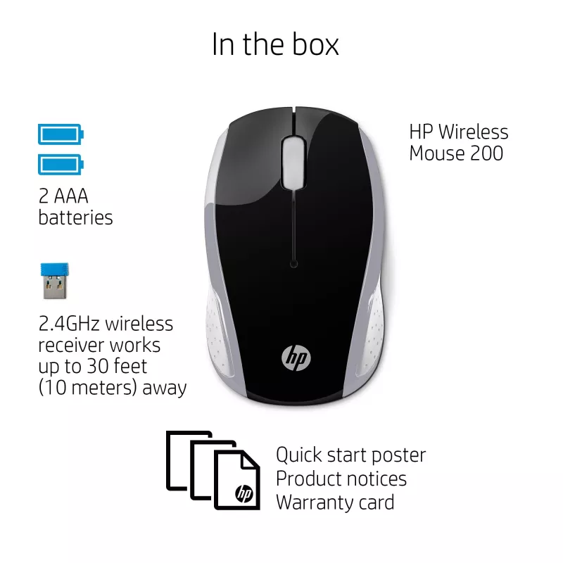 HP Wireless pelė 200 (Pike Sidabrinė), Abiem Rankoms Tinkama, Optinė, RF Belaidė, 1000 DPI, Sidabrinė