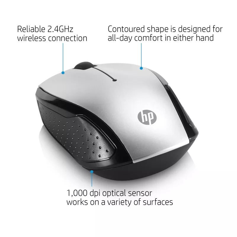 HP Wireless pelė 200 (Pike Sidabrinė), Abiem Rankoms Tinkama, Optinė, RF Belaidė, 1000 DPI, Sidabrinė