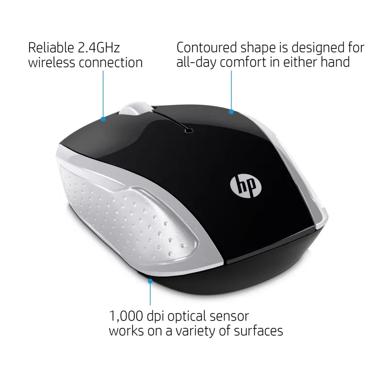 HP Wireless pelė 200 (Pike Sidabrinė), Abiem Rankoms Tinkama, Optinė, RF Belaidė, 1000 DPI, Sidabrinė