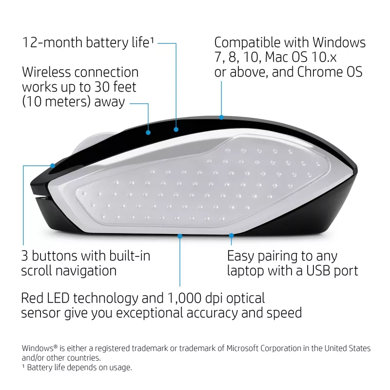 HP Wireless pelė 200 (Pike Sidabrinė), Abiem Rankoms Tinkama, Optinė, RF Belaidė, 1000 DPI, Sidabrinė