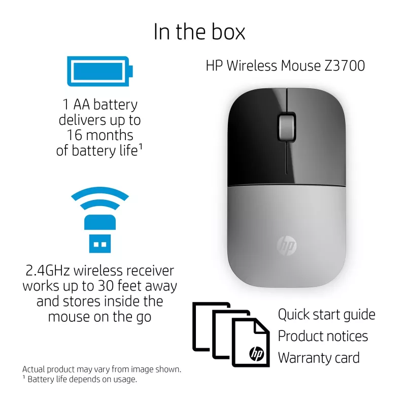 HP Z3700 sidabrinė belaidė pelė, abiem rankoms tinkama, optinė, RF belaidė, 1200 DPI, sidabrinė