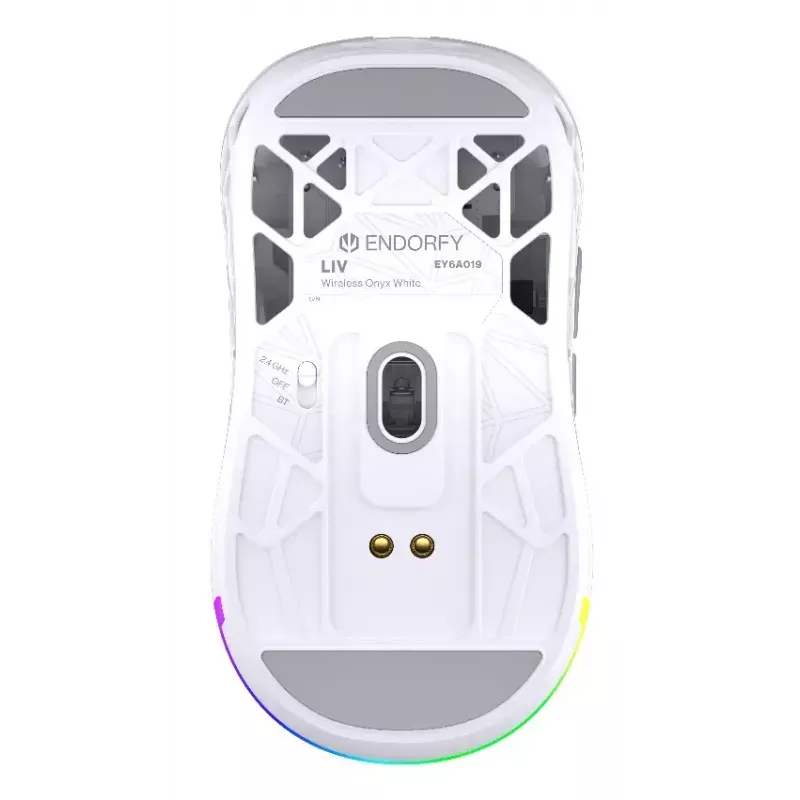 Belaidė žaidimų pelė ENDORFY LIV Onyx White — Bluetooth/2,4 GHz, 12 000 DPI, abiem rankoms tinkama, aRGB apšvietimas, 6 mygtukai, USB-A/USB-C kabelis