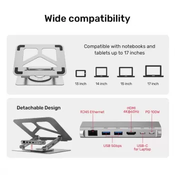 Nešiojamojo kompiuterio stovas Unitek D1109A — aliuminis reguliuojamas stovas su USB-C šakotuvu, HDMI, Gigabit Ethernet (tinka 14–17 colių)