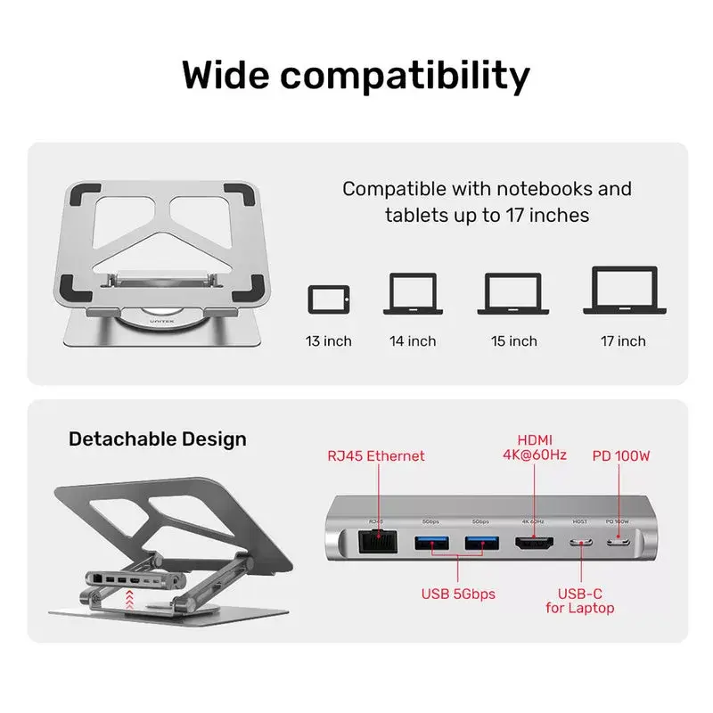 Nešiojamojo kompiuterio stovas Unitek D1109A — aliuminis reguliuojamas stovas su USB-C šakotuvu, HDMI, Gigabit Ethernet (tinka 14–17 colių)