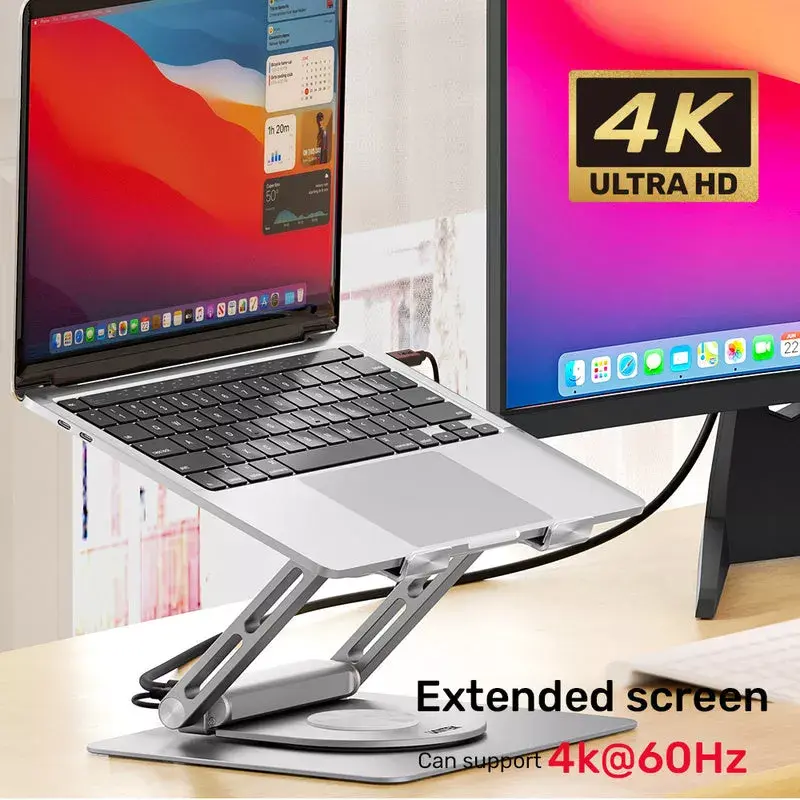 Nešiojamojo kompiuterio stovas Unitek D1109A — aliuminis reguliuojamas stovas su USB-C šakotuvu, HDMI, Gigabit Ethernet (tinka 14–17 colių)