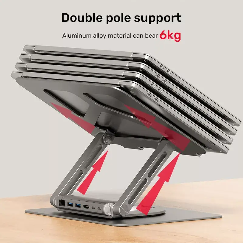 Nešiojamojo kompiuterio stovas Unitek D1109A — aliuminis reguliuojamas stovas su USB-C šakotuvu, HDMI, Gigabit Ethernet (tinka 14–17 colių)