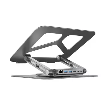 Nešiojamojo kompiuterio stovas Unitek D1109A — aliuminis reguliuojamas stovas su USB-C šakotuvu, HDMI, Gigabit Ethernet (tinka 14–17 colių)