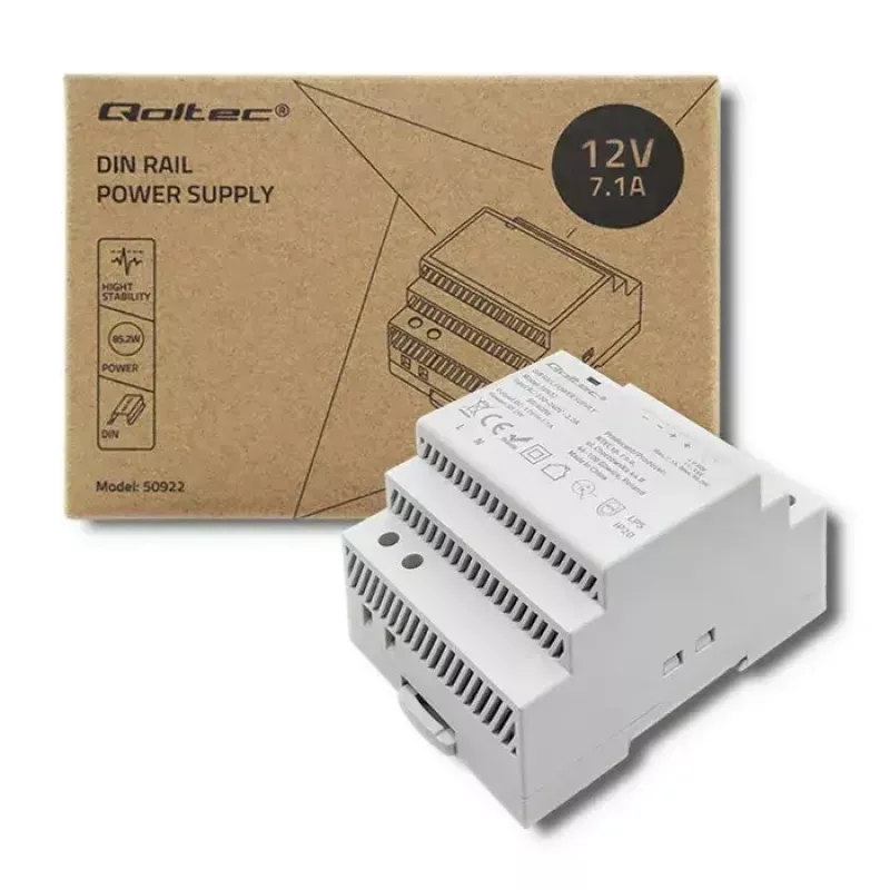 DIN bėgio maitinimo šaltinis QOLTEC 50922 — 12V 7,1A išėjimas, 85,2W