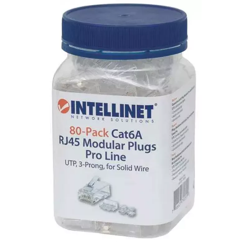 Intellinet RJ45 moduliniai kištukai Pro Line, Cat6A, UTP, 3 dantukai, kietiems laidams, 50 µ auksu dengti kontaktai, 80 vnt.