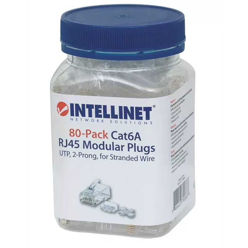 Intellinet RJ45 moduliniai kištukai, Cat6A, UTP, 2 kontaktų, vytos vielos, 15 µ auksuoti kontaktai, 80 vnt. pakuotė