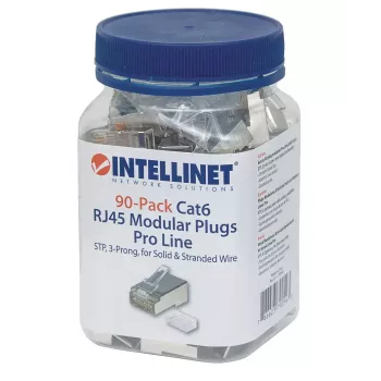 Intellinet RJ45 moduliniai kištukai Pro Line, Cat6, STP, 3 dantukų, skirti vientisai ir suvytai vielai, 50 µ auksuoti kontaktai, 90 vnt. pakuotė