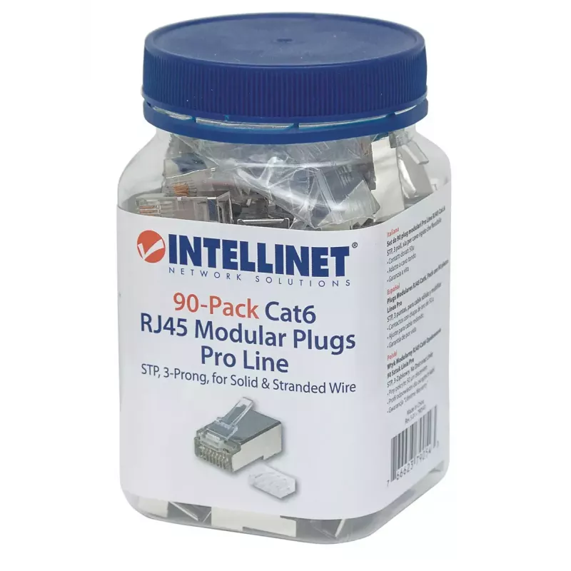Intellinet RJ45 moduliniai kištukai Pro Line, Cat6, STP, 3 dantukų, skirti vientisai ir suvytai vielai, 50 µ auksuoti kontaktai, 90 vnt. pakuotė