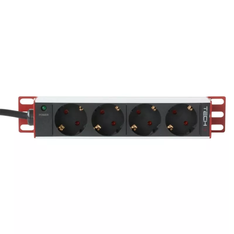 Maitinimo juosta Techly Universal Power Strip Rack 10 colių 4 lizdai Schuko kištukas juoda sidabrinė 1U