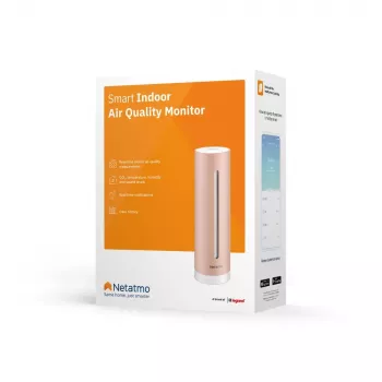 Patalpų oro kokybės monitorius Netatmo Smart Indoor Air Quality Monitor — CO2 0–5000 ppm, temp 0–50°C, triukšmas, Wi‑Fi/Bluetooth, maitinamas iš tinklo, aliuminis, rožinis auksas