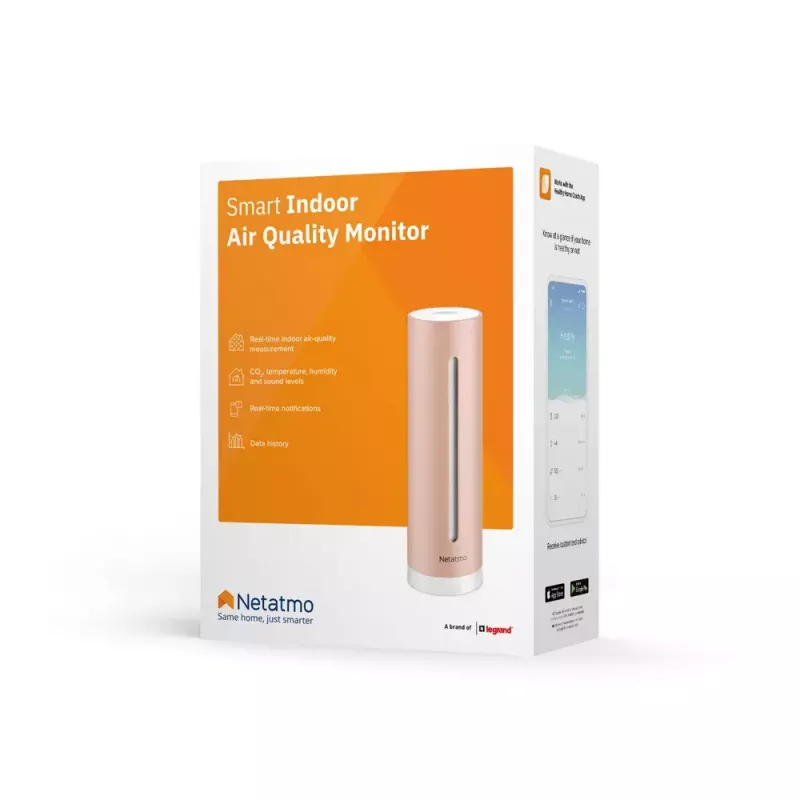 Patalpų oro kokybės monitorius Netatmo Smart Indoor Air Quality Monitor — CO2 0–5000 ppm, temp 0–50°C, triukšmas, Wi‑Fi/Bluetooth, maitinamas iš tinklo, aliuminis, rožinis auksas