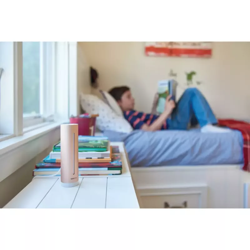 Patalpų oro kokybės monitorius Netatmo Smart Indoor Air Quality Monitor — CO2 0–5000 ppm, temp 0–50°C, triukšmas, Wi‑Fi/Bluetooth, maitinamas iš tinklo, aliuminis, rožinis auksas