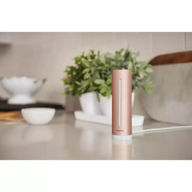 Patalpų oro kokybės monitorius Netatmo Smart Indoor Air Quality Monitor — CO2 0–5000 ppm, temp 0–50°C, triukšmas, Wi‑Fi/Bluetooth, maitinamas iš tinklo, aliuminis, rožinis auksas