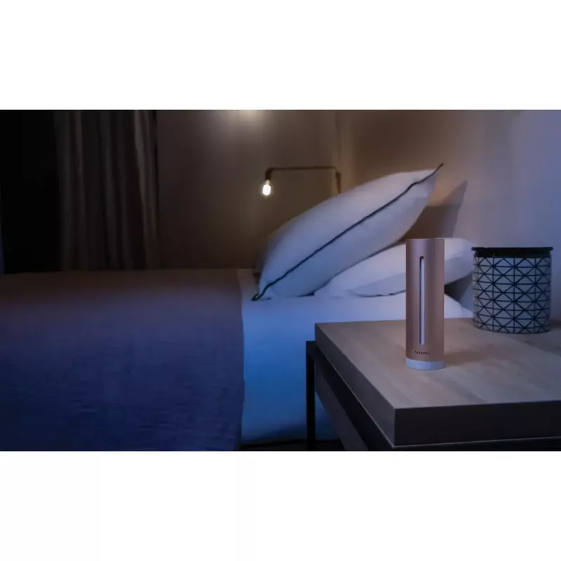 Patalpų oro kokybės monitorius Netatmo Smart Indoor Air Quality Monitor — CO2 0–5000 ppm, temp 0–50°C, triukšmas, Wi‑Fi/Bluetooth, maitinamas iš tinklo, aliuminis, rožinis auksas