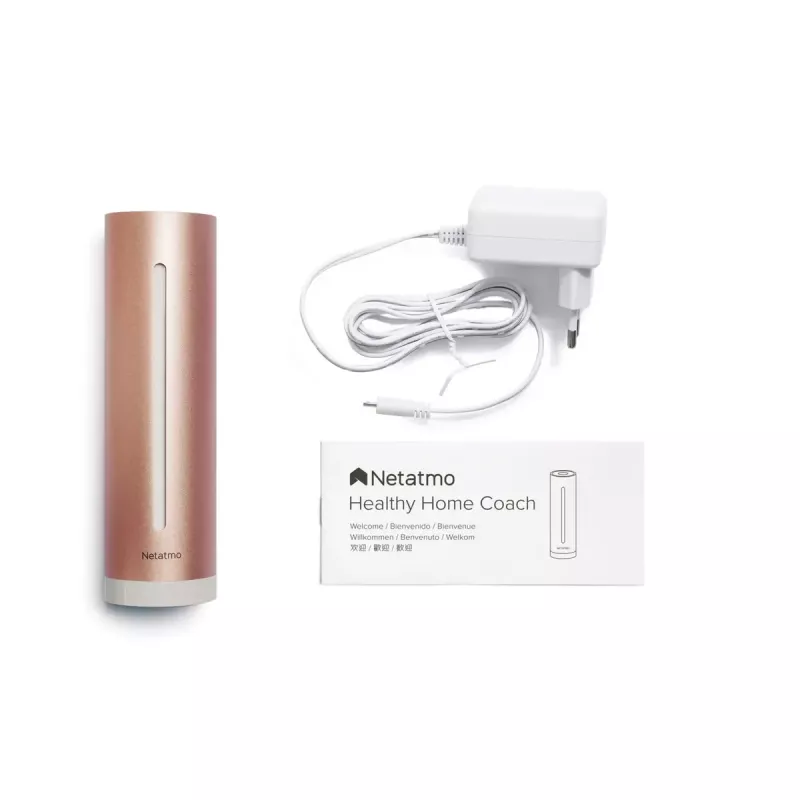 Patalpų oro kokybės monitorius Netatmo Smart Indoor Air Quality Monitor — CO2 0–5000 ppm, temp 0–50°C, triukšmas, Wi‑Fi/Bluetooth, maitinamas iš tinklo, aliuminis, rožinis auksas