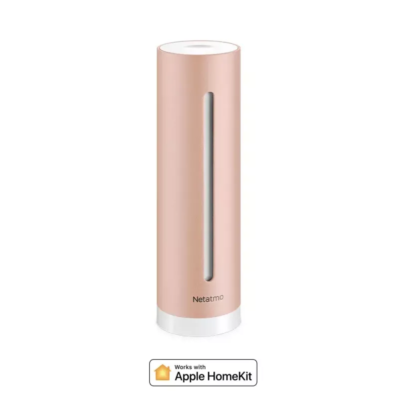 Patalpų oro kokybės monitorius Netatmo Smart Indoor Air Quality Monitor — CO2 0–5000 ppm, temp 0–50°C, triukšmas, Wi‑Fi/Bluetooth, maitinamas iš tinklo, aliuminis, rožinis auksas