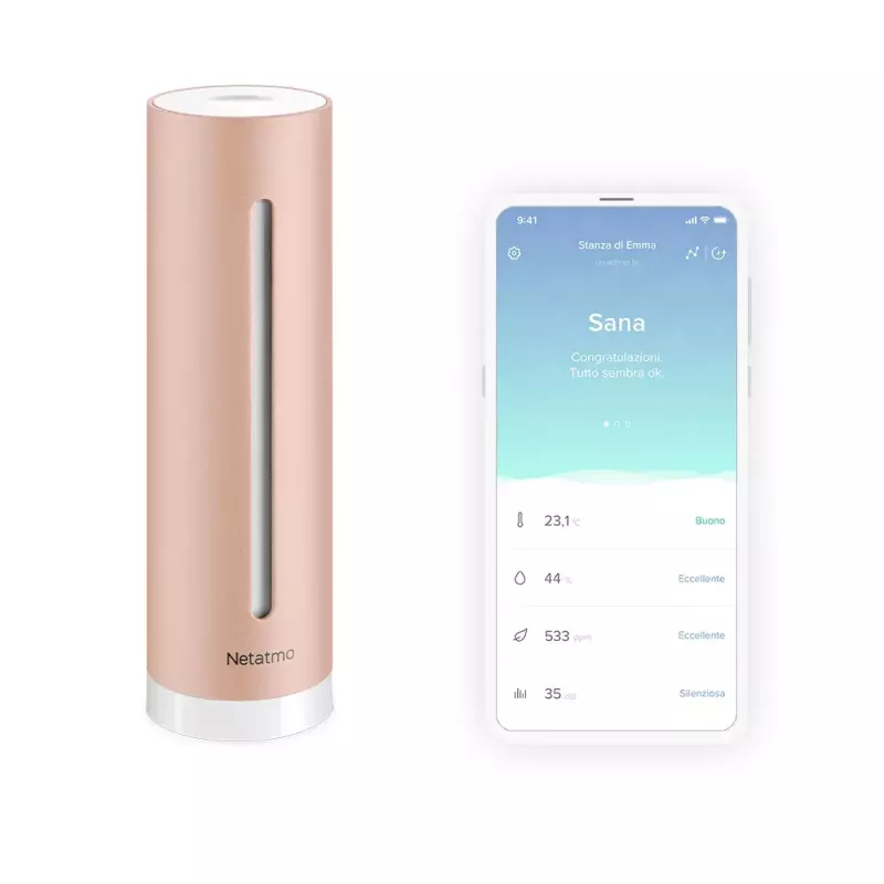 Patalpų oro kokybės monitorius Netatmo Smart Indoor Air Quality Monitor — CO2 0–5000 ppm, temp 0–50°C, triukšmas, Wi‑Fi/Bluetooth, maitinamas iš tinklo, aliuminis, rožinis auksas
