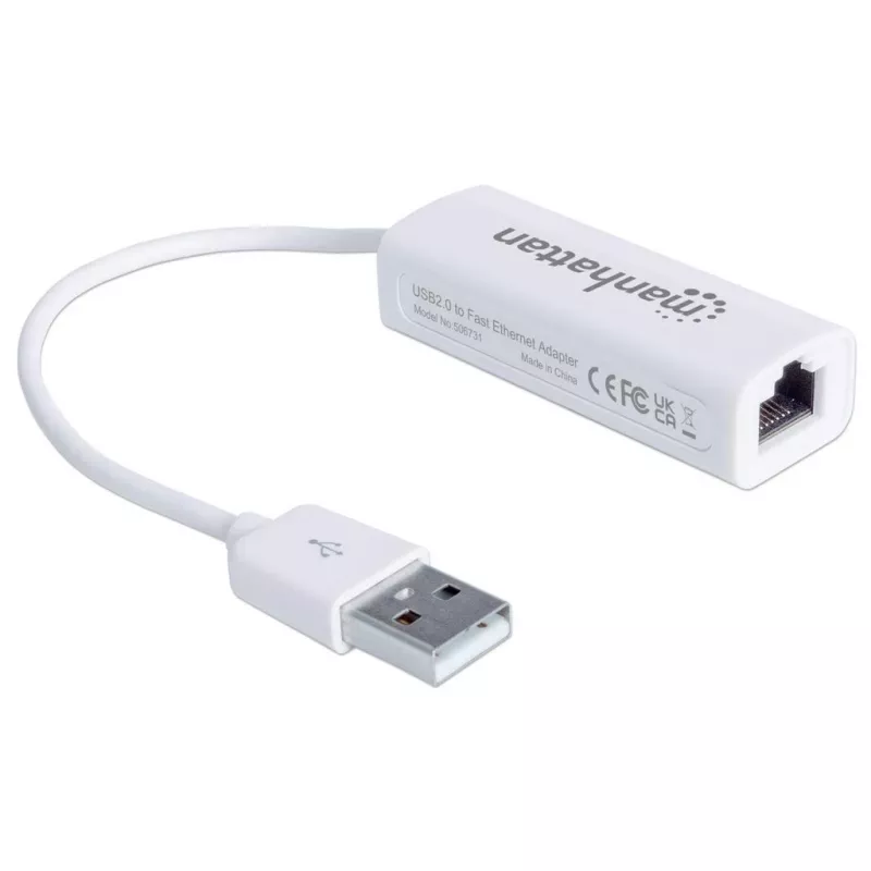 Manhattan USB-A spartusis eterneto adapteris, 10/100 Mbps tinklas, 480 Mbps (USB 2.0), Hi-Speed USB, RJ45, baltas, trejų metų garantija