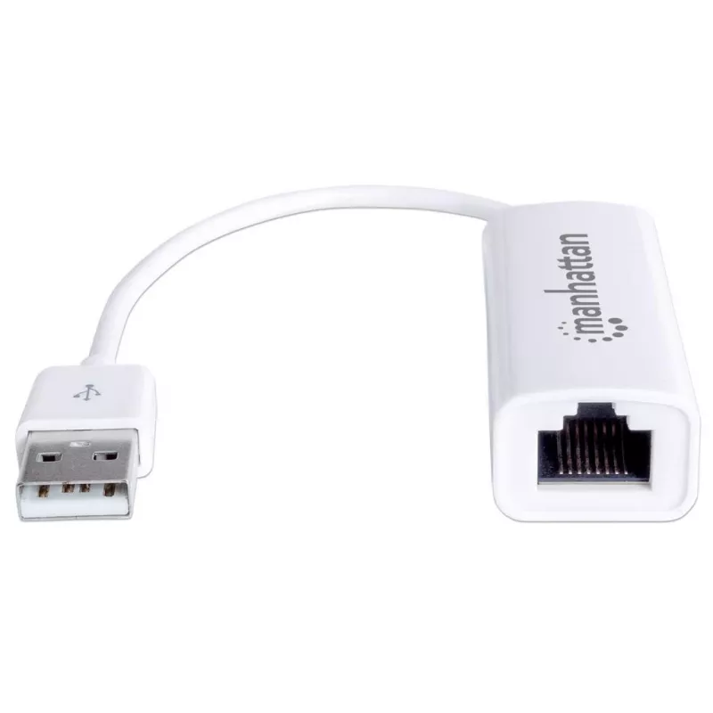 Manhattan USB-A spartusis eterneto adapteris, 10/100 Mbps tinklas, 480 Mbps (USB 2.0), Hi-Speed USB, RJ45, baltas, trejų metų garantija