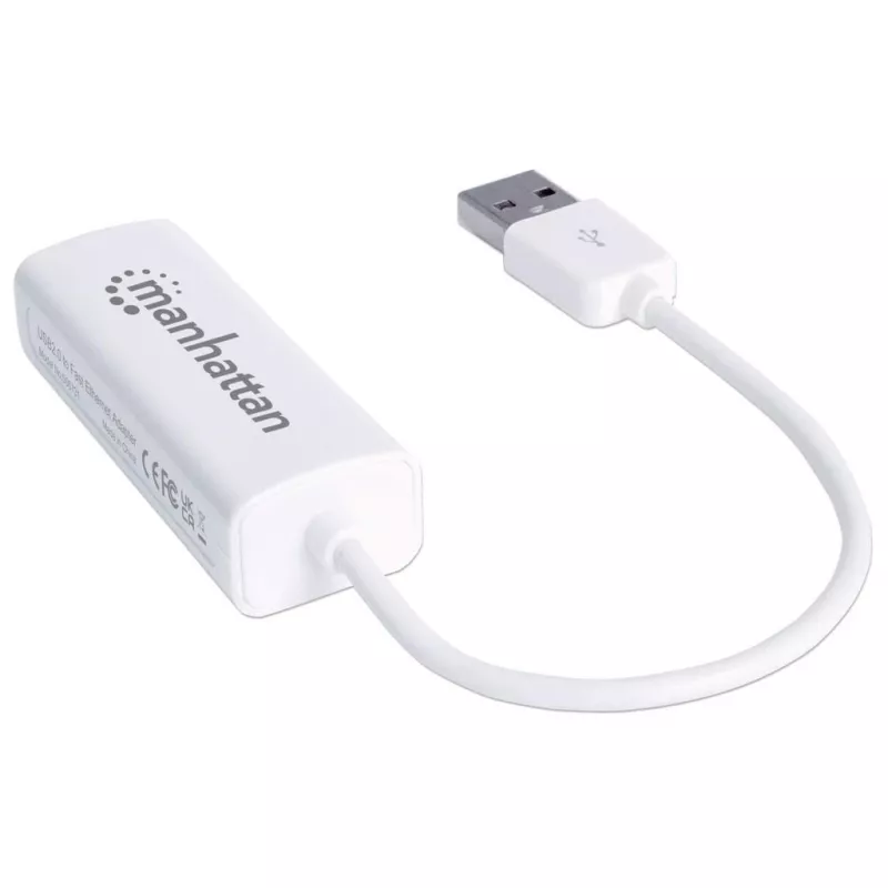 Manhattan USB-A spartusis eterneto adapteris, 10/100 Mbps tinklas, 480 Mbps (USB 2.0), Hi-Speed USB, RJ45, baltas, trejų metų garantija