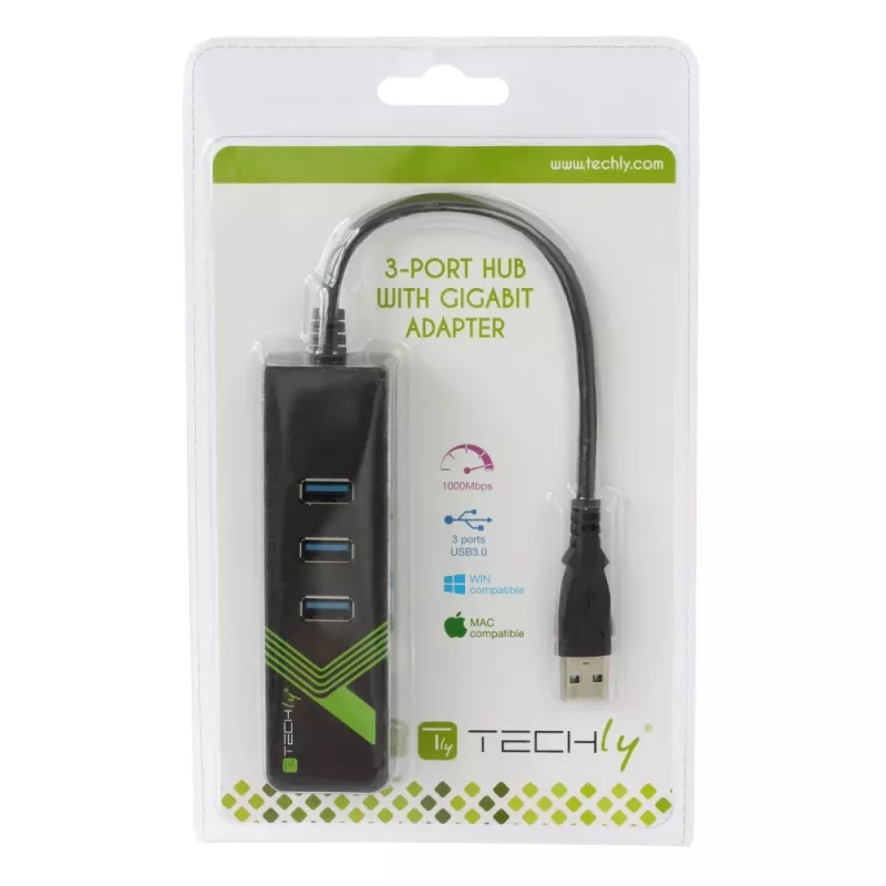 Techly IDATA USB-ETGIGA-3U2 nešiojamojo kompiuterio dokas / prievadų daugintuvas USB 3.2 Gen 1 (3.1 Gen 1) Type-A, juodas