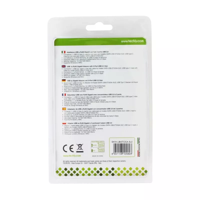 Techly IDATA USB-ETGIGA-3U2 nešiojamojo kompiuterio dokas / prievadų daugintuvas USB 3.2 Gen 1 (3.1 Gen 1) Type-A, juodas