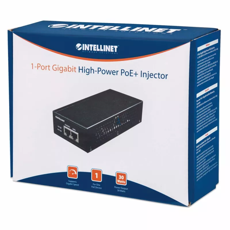 „Intellinet“ Gigabito didelės galios PoE+ injektorius, 1 x 30 W, IEEE 802.3at/af maitinimas per Ethernet (PoE+/PoE)