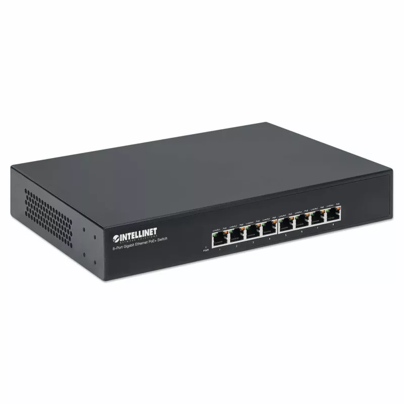Intellinet 8 prievadų Gigabit Ethernet PoE+ komutatorius, 8 x PoE prievadai, IEEE 802.3at/af maitinimas per Ethernet (PoE+/PoE), Endspan, Stalinis, Dėžutėje