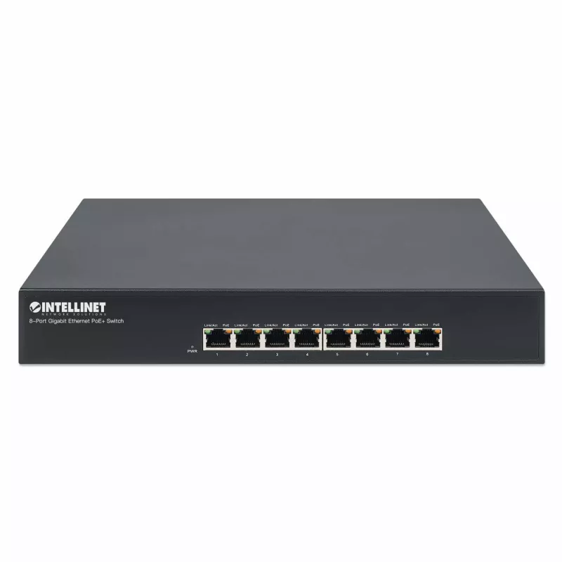 Intellinet 8 prievadų Gigabit Ethernet PoE+ komutatorius, 8 x PoE prievadai, IEEE 802.3at/af maitinimas per Ethernet (PoE+/PoE), Endspan, Stalinis, Dėžutėje