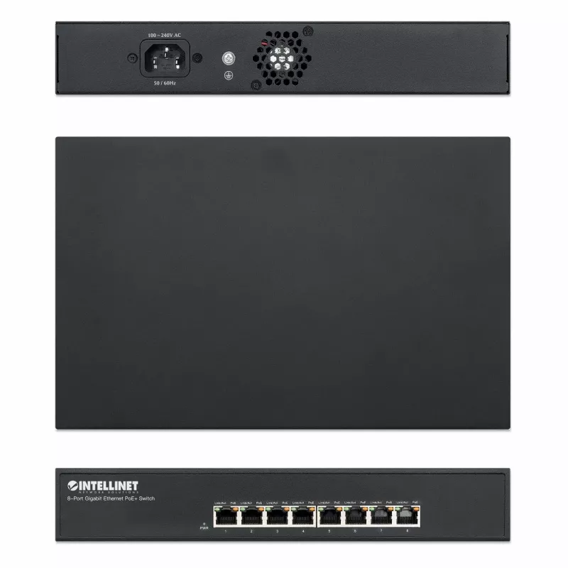 Intellinet 8 prievadų Gigabit Ethernet PoE+ komutatorius, 8 x PoE prievadai, IEEE 802.3at/af maitinimas per Ethernet (PoE+/PoE), Endspan, Stalinis, Dėžutėje