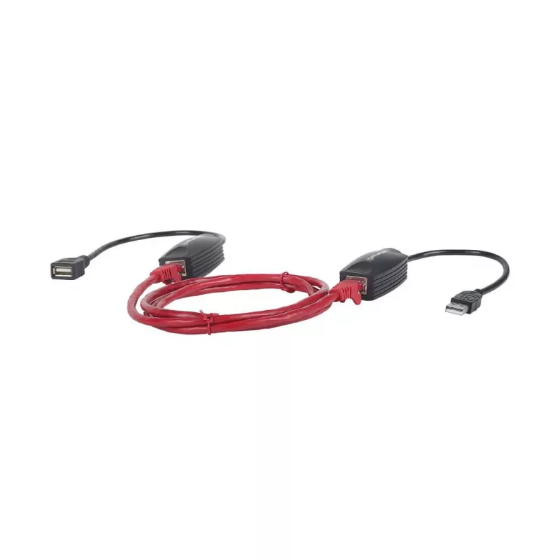 Manhattan USB-A linijos ilgintuvas, skirtas naudoti su RJ45 tinklo kabeliu (neįeina), prailgina USB įrenginį iki 60 m, maitinamas per magistralę, tinka Cat5e/Cat6/Cat6A RJ45 tinklo kabeliai, juodos spalvos, trejų metų garantija