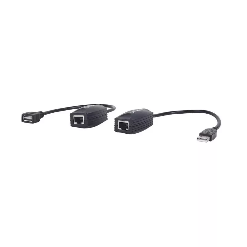 Manhattan USB-A linijos ilgintuvas, skirtas naudoti su RJ45 tinklo kabeliu (neįeina), prailgina USB įrenginį iki 60 m, maitinamas per magistralę, tinka Cat5e/Cat6/Cat6A RJ45 tinklo kabeliai, juodos spalvos, trejų metų garantija