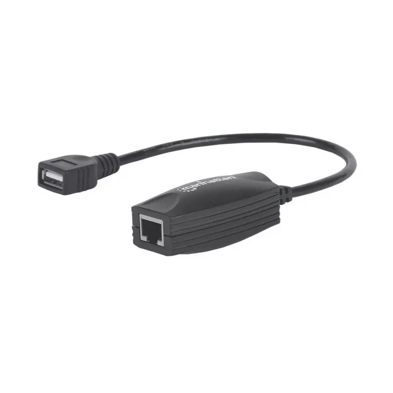 Manhattan USB-A linijos ilgintuvas, skirtas naudoti su RJ45 tinklo kabeliu (neįeina), prailgina USB įrenginį iki 60 m, maitinamas per magistralę, tinka Cat5e/Cat6/Cat6A RJ45 tinklo kabeliai, juodos spalvos, trejų metų garantija
