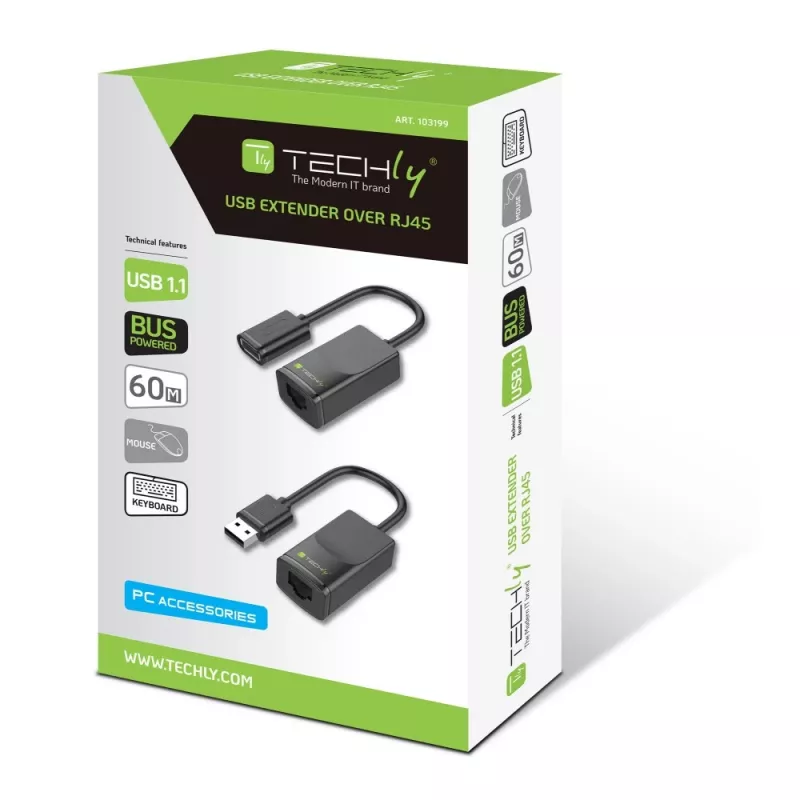 Techly IUSB-EXTENDTY2 laido jungčių adapteris RJ-45 USB 2.0 Type-A juodas