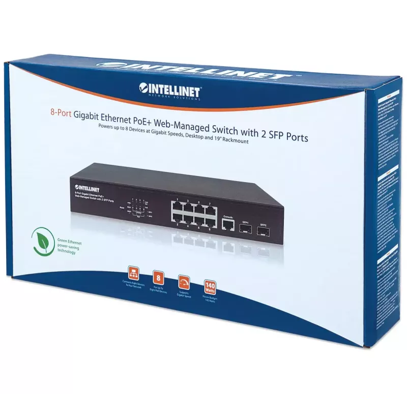 Valdomas komutatorius Intellinet 8 prievadų Gigabit Ethernet PoE+ su 2 SFP prievadais