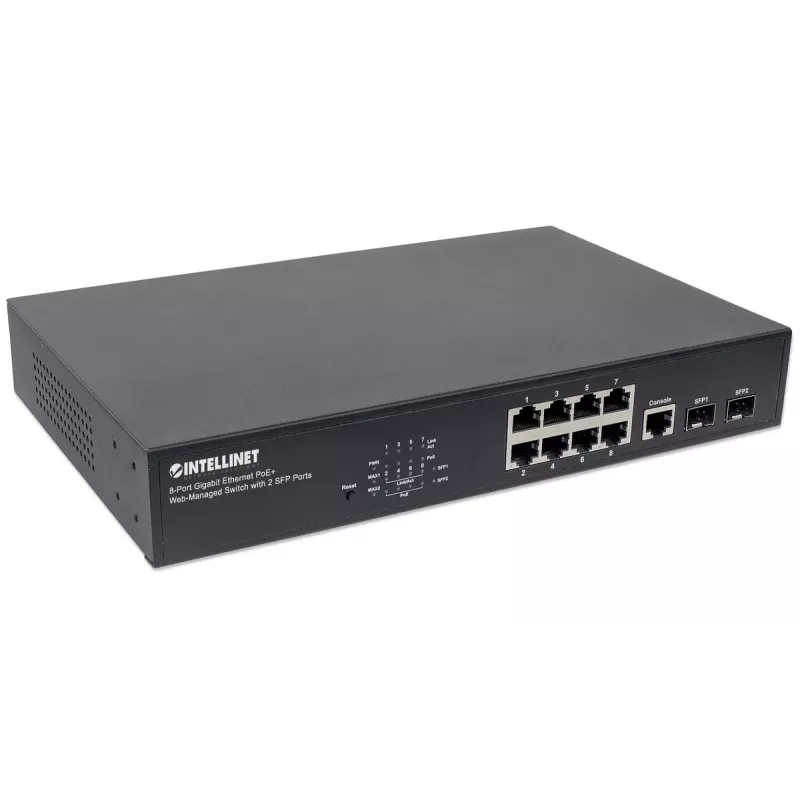Valdomas komutatorius Intellinet 8 prievadų Gigabit Ethernet PoE+ su 2 SFP prievadais