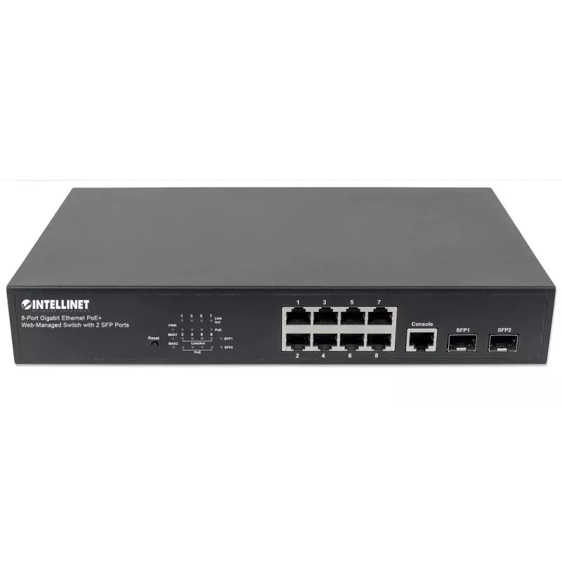 Valdomas komutatorius Intellinet 8 prievadų Gigabit Ethernet PoE+ su 2 SFP prievadais