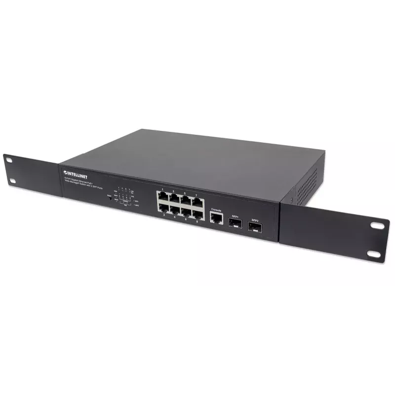 Valdomas komutatorius Intellinet 8 prievadų Gigabit Ethernet PoE+ su 2 SFP prievadais