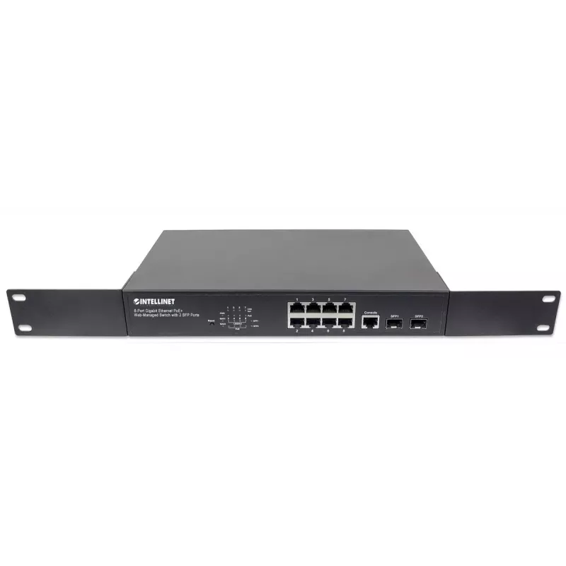 Valdomas komutatorius Intellinet 8 prievadų Gigabit Ethernet PoE+ su 2 SFP prievadais